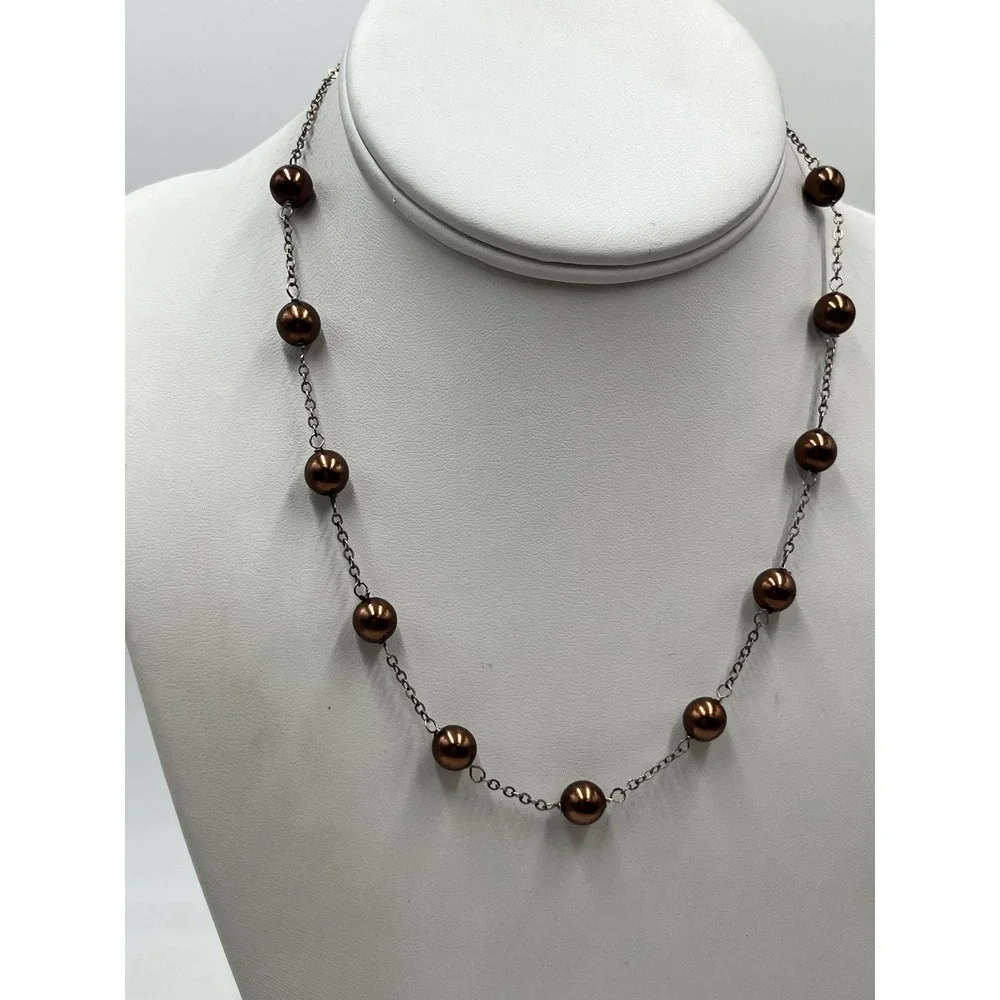 Round Chocolate Brown Freshwater Tin Cup Pearl Sterling Silver Link Necklace 16